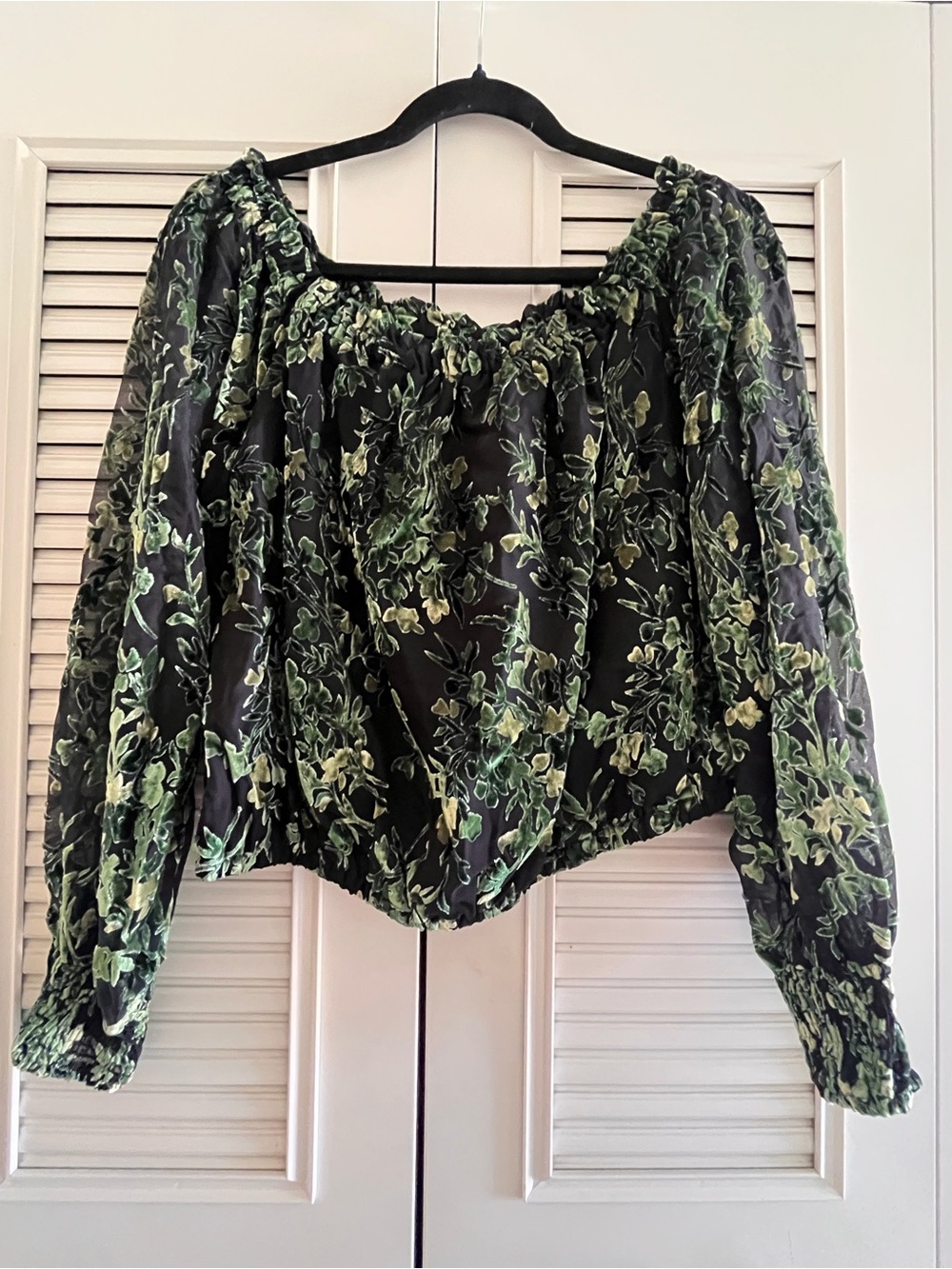Anthropologie Black Off-Shoulder Blouse with Green Floral Print